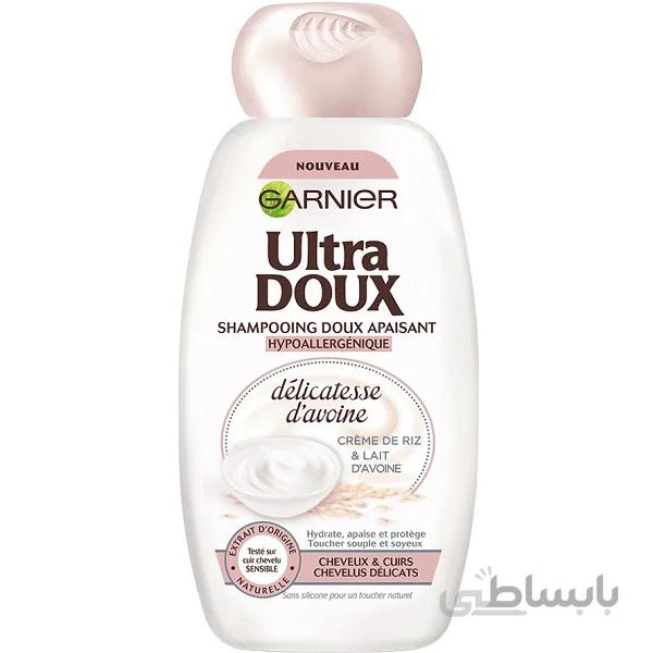 شامپو گارنیر GARNIER سری ULTRA DOUX با عصاره سبوس برنج و جوانه جو حجم 400 میل | آبرسان قوی و ضد خارش کف سر