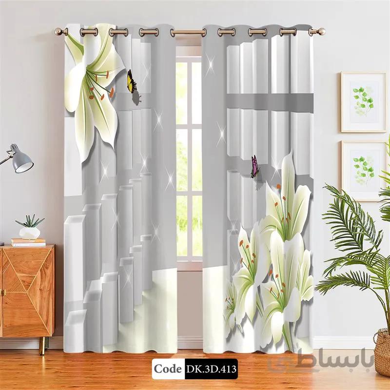 پرده پانچی (هازان و مخمل)کد DK.3D.413 طرح سه بعدی گل و پروانه