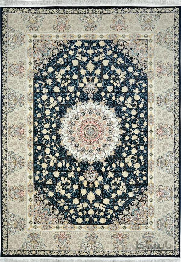 فرش کاشان 1200 شانه طرح پیچک سرمه ای برجسته