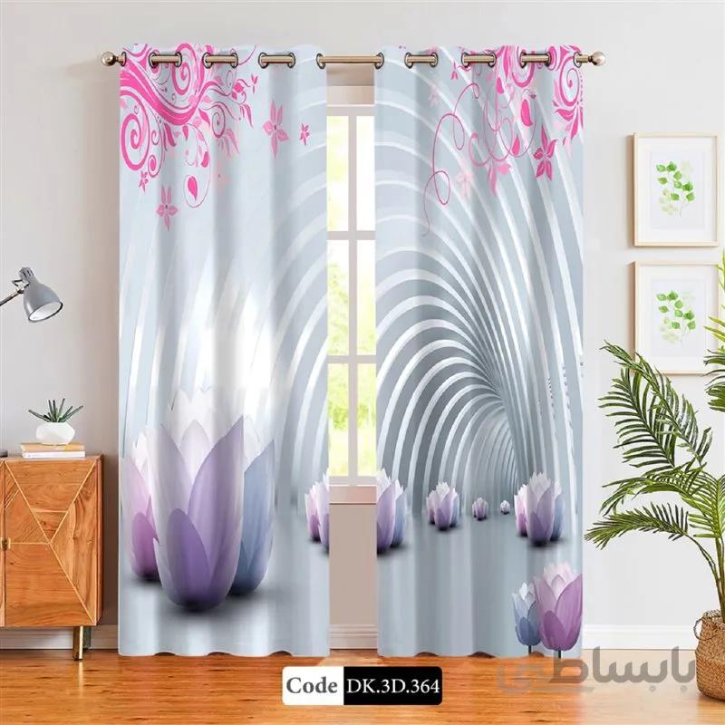 پرده پانچی (هازان و مخمل)کد DK.3D.364 طرح سه بعدی گل و طاق طوسی یاسی