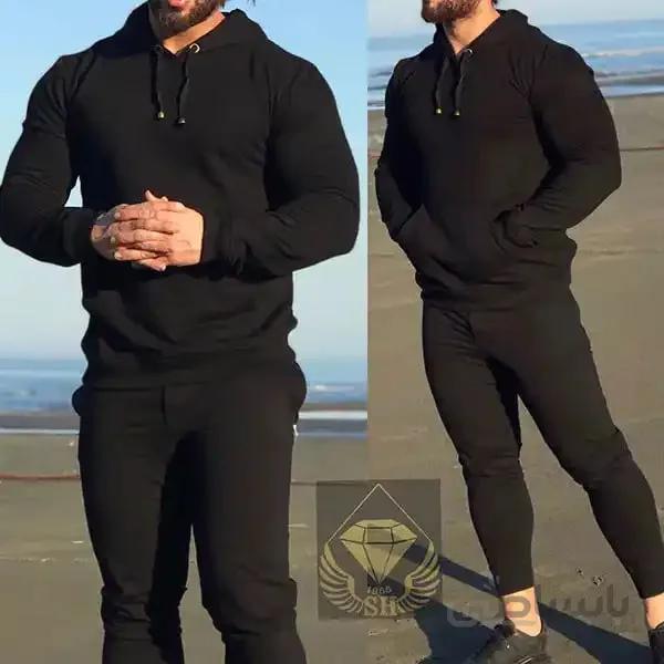 ست مردانه کد 055 هودی و شلوار طرح ساده جنس دورس رنگ مشکی ا Men's set of thick hoodies and pants made of black Dors