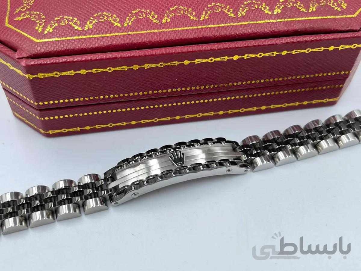 دستبند رولکس مشکی نقره ای با آبکاری طلا سفید