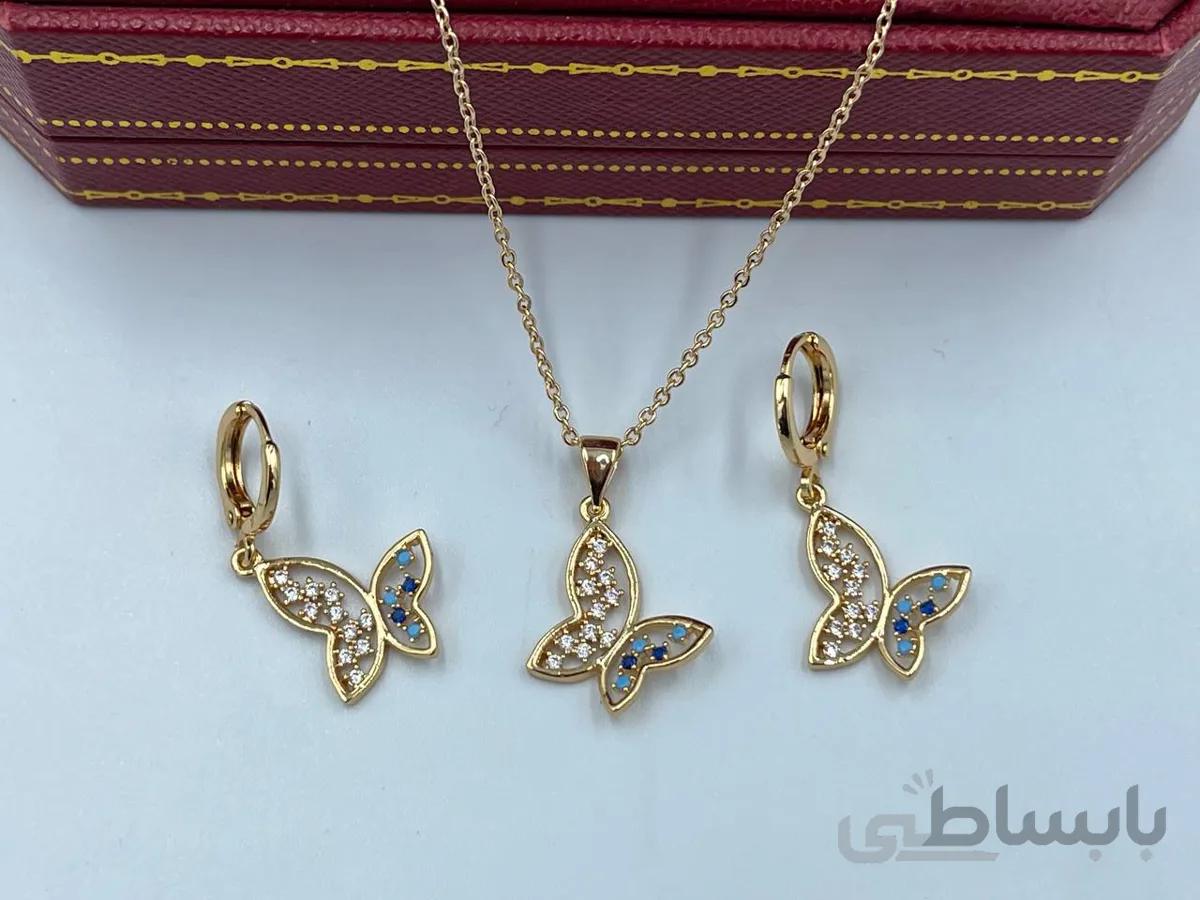 نیم ست پروانه طلایی با نگین های آبی