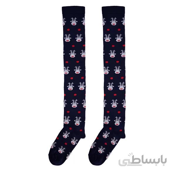 جوراب ساق بلند بالا زانو زنانه با طرح کریسمس صورت گوزن کد PH609