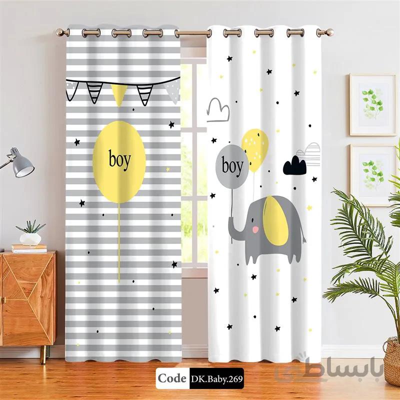 پرده پانچی (هازان و مخمل)کد DK.Baby.269 طرح نوزاد فیل و بادکنک