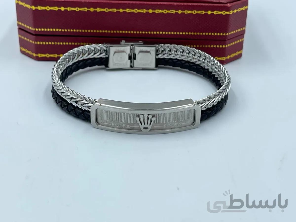 دستبند چرم رولکس مشکی نقره ای