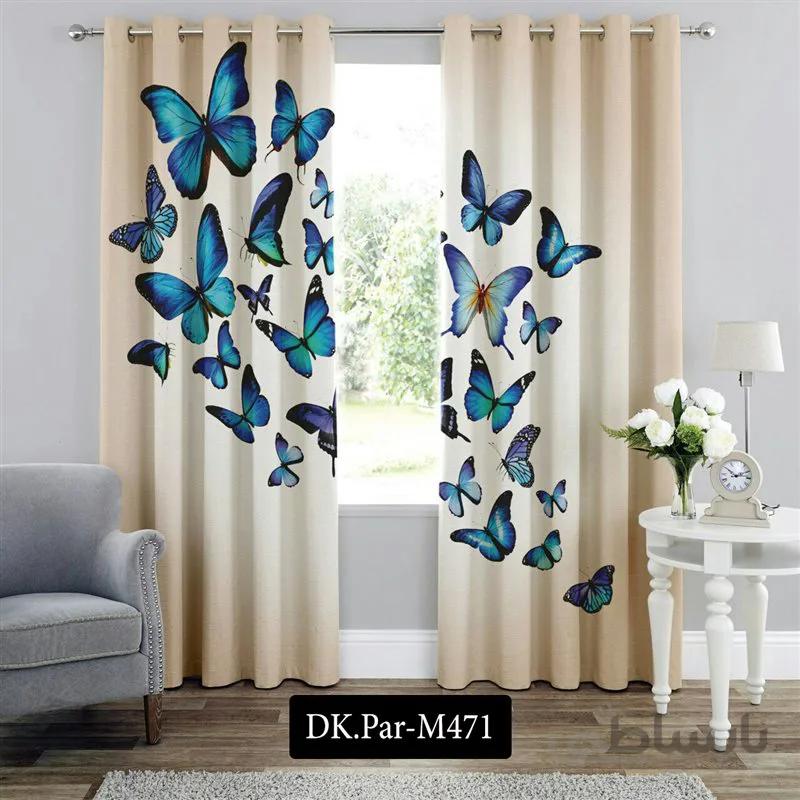 پرده پانچی (هازان و مخمل)کد DK.Par.M471 طرح پروانه های آبی