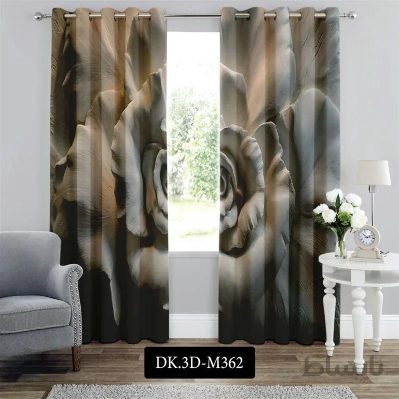 پرده پانچی (هازان و مخمل)کد DK.3D.M362 طرح سه بعدی گل طوسی و سفید