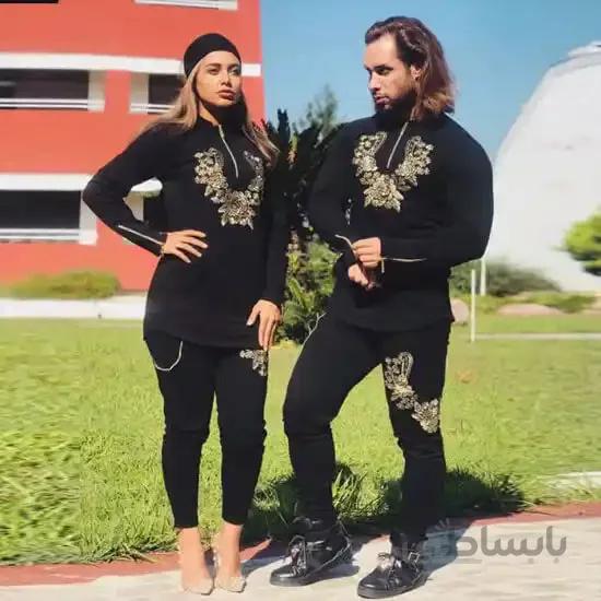 ست زن و مرد کد020 سویشرت و شلوار طرح گل جنس دورس رنگ مشکی ا Golden Dorset Couple Set