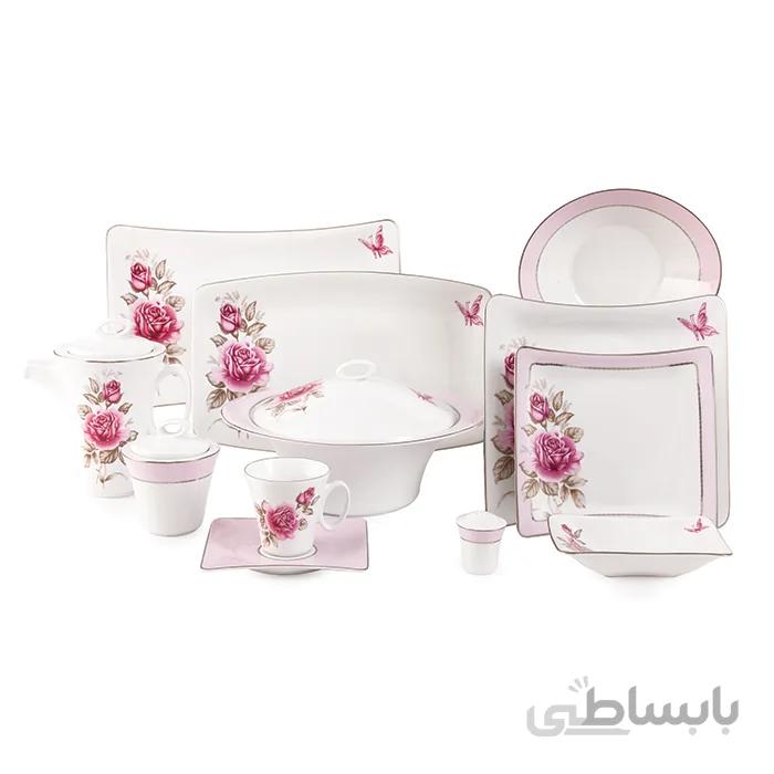 سرویس چینی زرین 12 نفره کامل رزفلاور پلاتینی الیسه (97 پارچه) ا Zarin Iran Vinci-Elise RoseFlower-Platinium 97 Pieces Porcelain Dinnerware Set