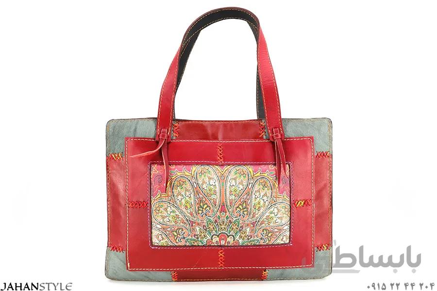 کیف دستی چرم طبیعی چهلتکه ترمه دوزی