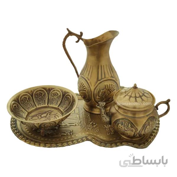 سروس سماور برنجی چهار پارچه طرح قلم آنتیک کد ۴۰۳