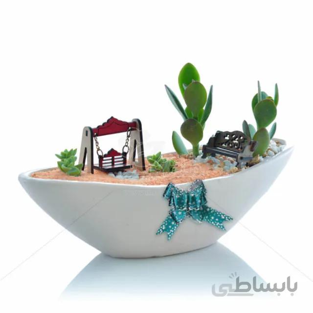 مجموعه لایت در گلدان سرامیکی قایقی ارتفاع 16 سانتی متر