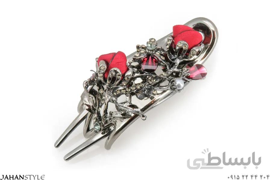 گیره مو انبری کروم دودی گل برجسته