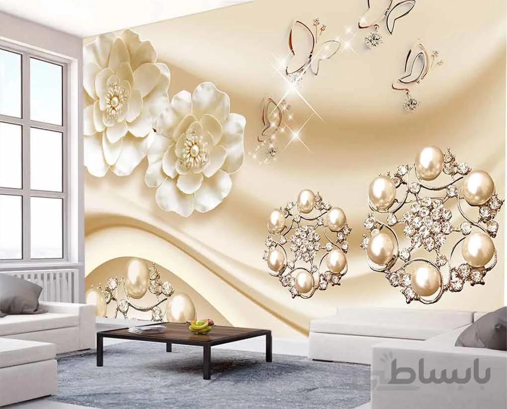 کاغذ دیواری سه بعدی گل های نگینی