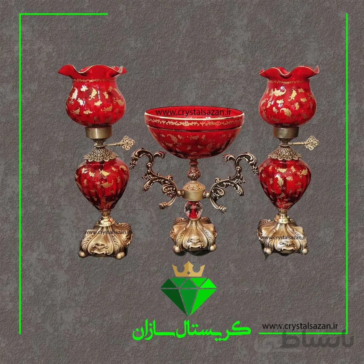 سه تیکه چراغ نفتدان و کاسه پایه دار کریستال سازان مدل برگ زرین زرشکی کد CS1270