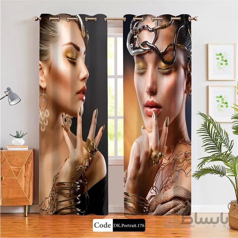 پرده پانچی (هازان و مخمل) کد DK.Portrait.176 طرح چهره زن با تاج فلزی