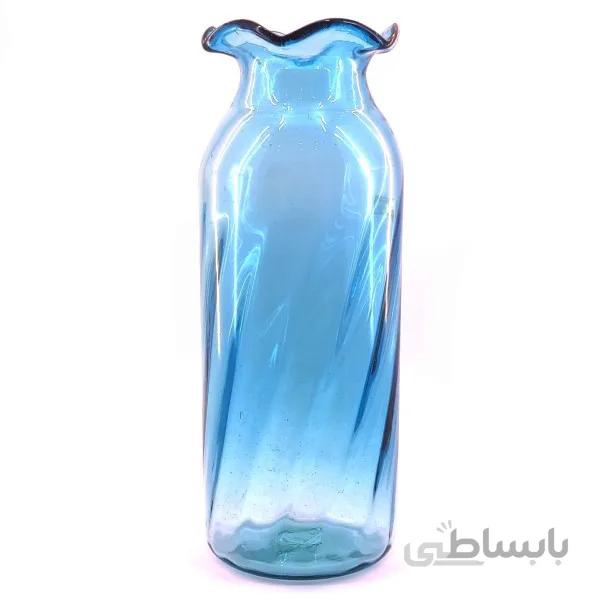 گلدان شیشه ای استوانه لب چین بزرگ فیروزه ای