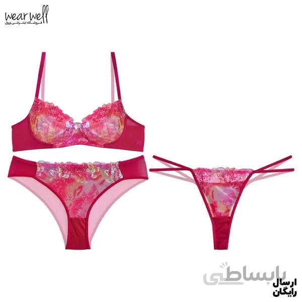 ست دو شورت و سوتین فنردار گیپور نوشه پوش کد 40914 سرخابی