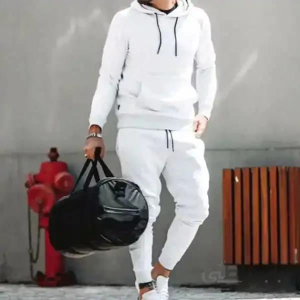 ست مردانه کد 132 هودی کلاهدار و شلوار جنس دورس ضخیم رنگ سفید ا Men's hooded hood set and slash pants made of thick white Dors