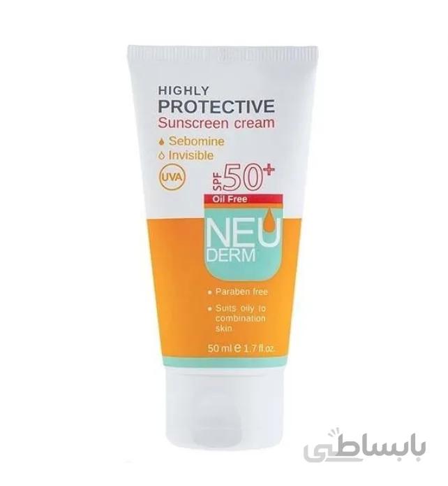 کرم ضد آفتاب فاقد چربی بدون رنگ نئودرم ا Neuderm Highly Protective Sunscreen Cream SPF50 Max Tinted 50ml