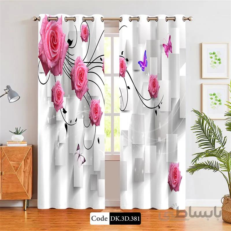 پرده پانچی (هازان و مخمل)کد DK.3D.381 طرح سه بعدی گل های صورتی و پروانه