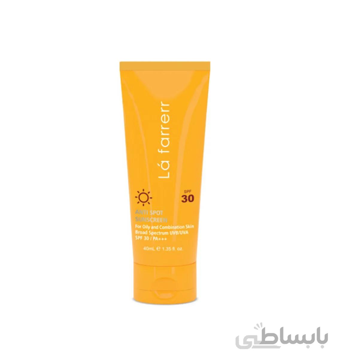 کرم ضد آفتاب و ضد لک بی‌رنگ لافارر مناسب پوست چرب و مستعد آکنه SPF30 ا Anti Spot Sunscreen For Oily And Acne-prone Skin Spf 30 La Farrerr