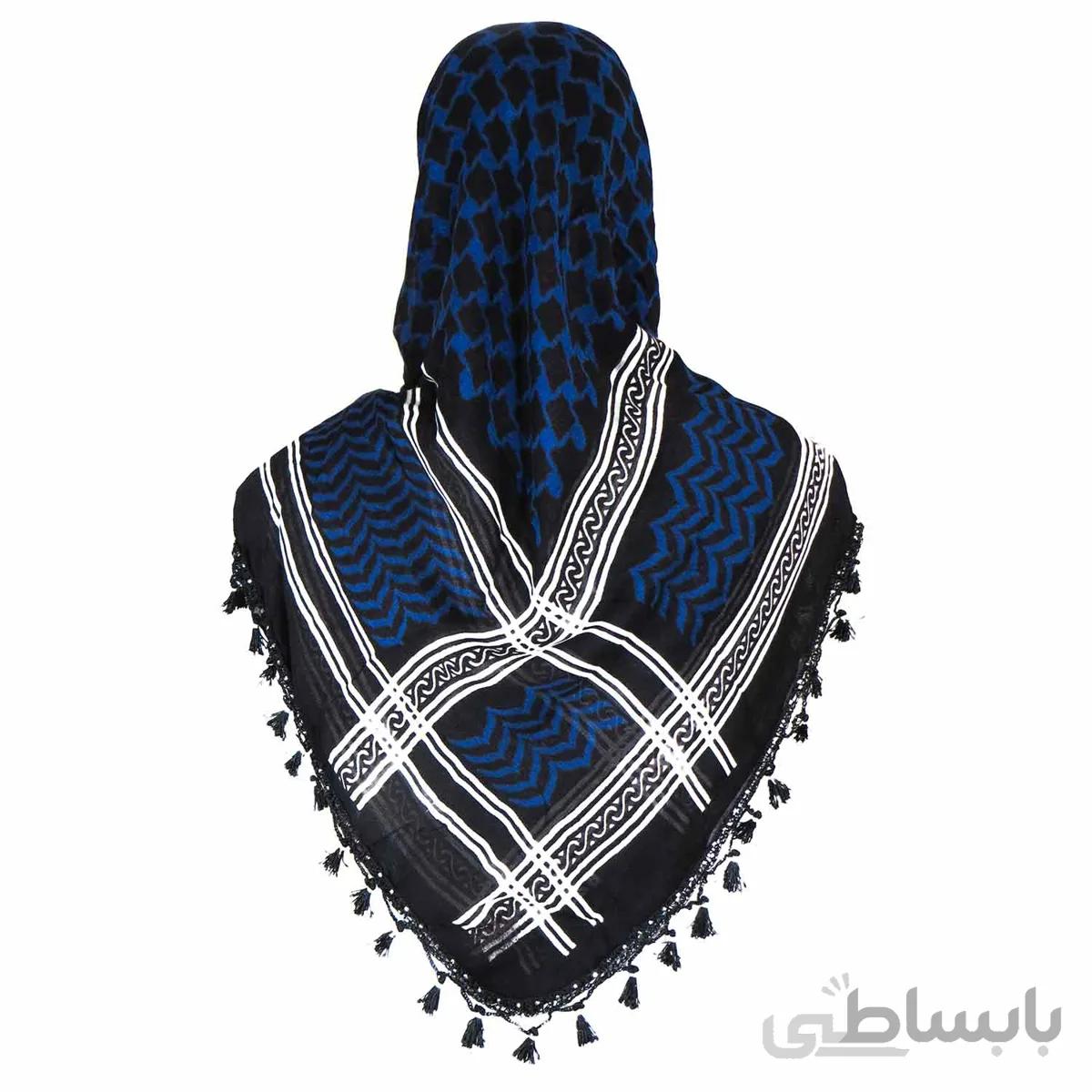 روسری سنتی رنگ آبی منگوله ی مشکی 1.5 متری