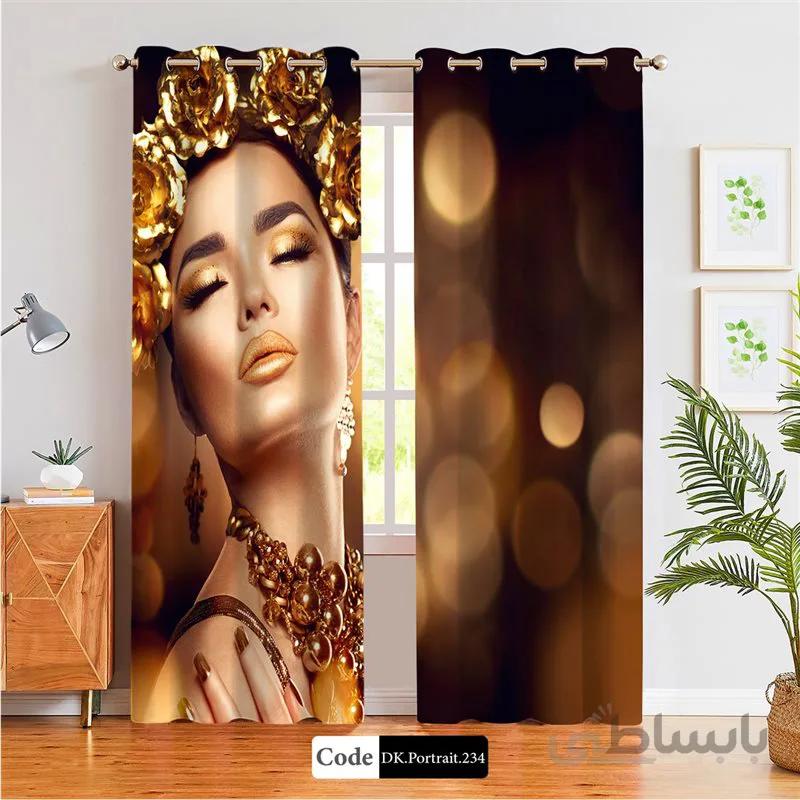 پرده پانچی (هازان و مخمل) کد DK.Portrait.234 طرح چهره زن با تاج گل های طلایی