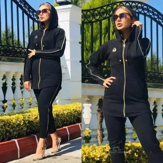 ست زنانه کد 024 هودی و شلوار طرح زیپ دار جنس دورس رنگ مشکی ا Zipper girl set made of full-length Dors