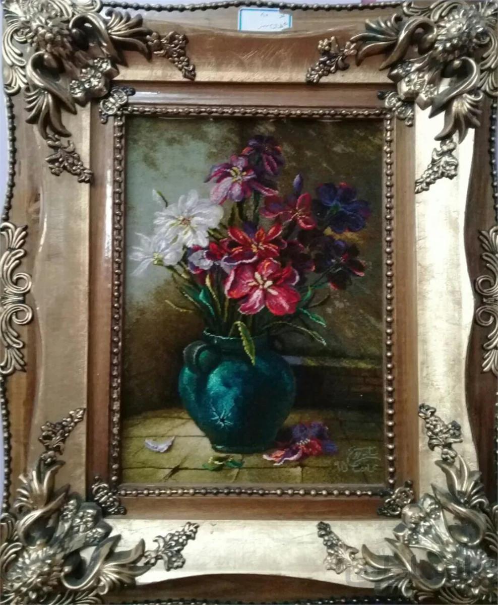 تابلو فرش نفیس ایرانی- دست بافت-طرح منظره- گلدن پر از گل ا Iranian Pictorial Carpet- Handmade-Flower Design- Vase of Flowers