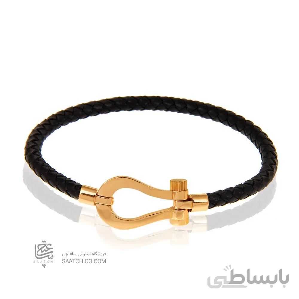 دستبند چرم زنانه با پلاک طلا طرح فرد (پلاک متوسط) کد XB968