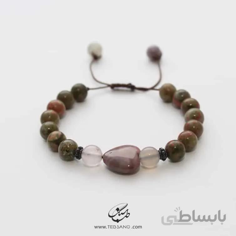 دستبند زنانه اوناکیت، رز کوارتز، عقیق جاسپر و عقیق شجر