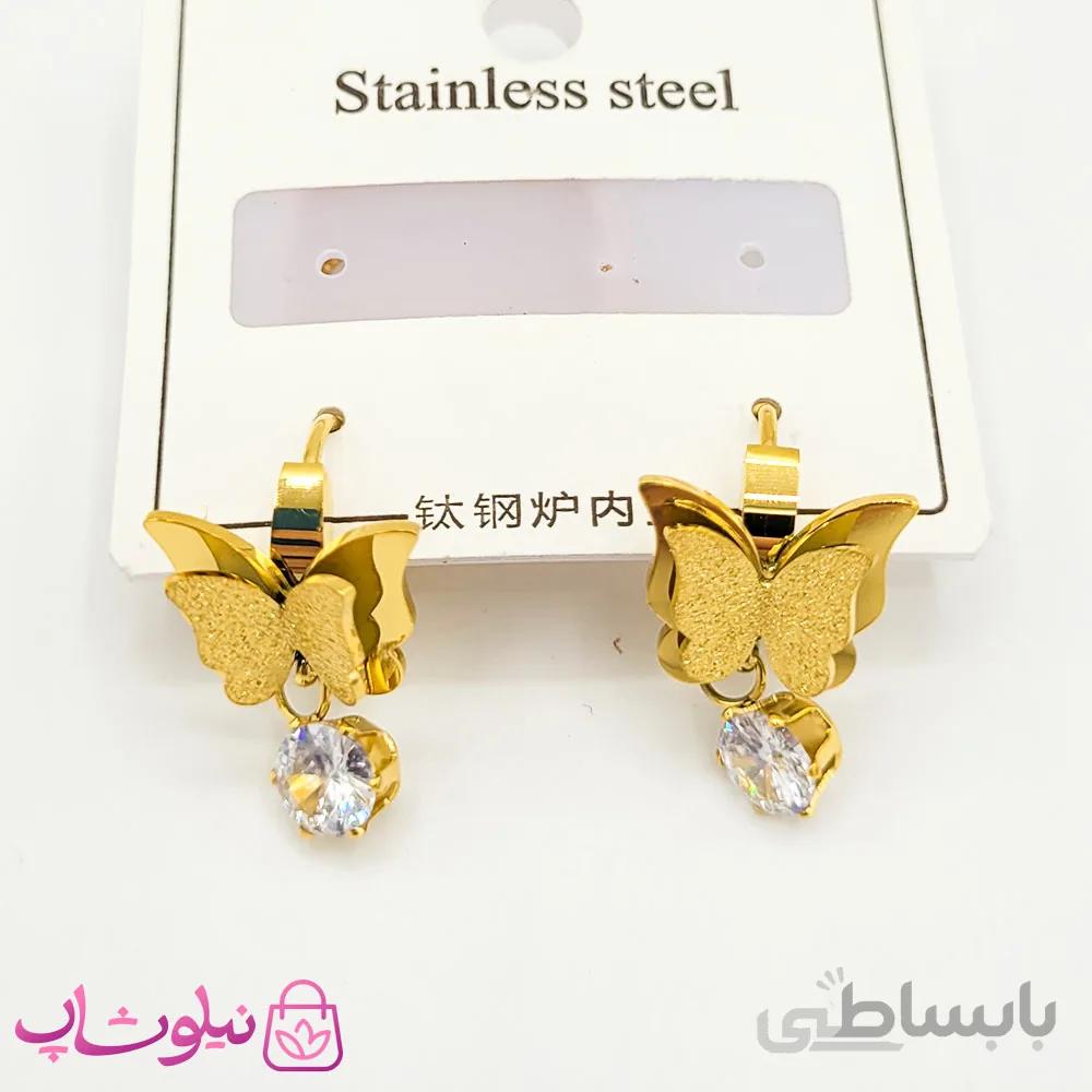 گوشواره حلقه ای اویزدار استیل طرح پروانه کد 2970 2