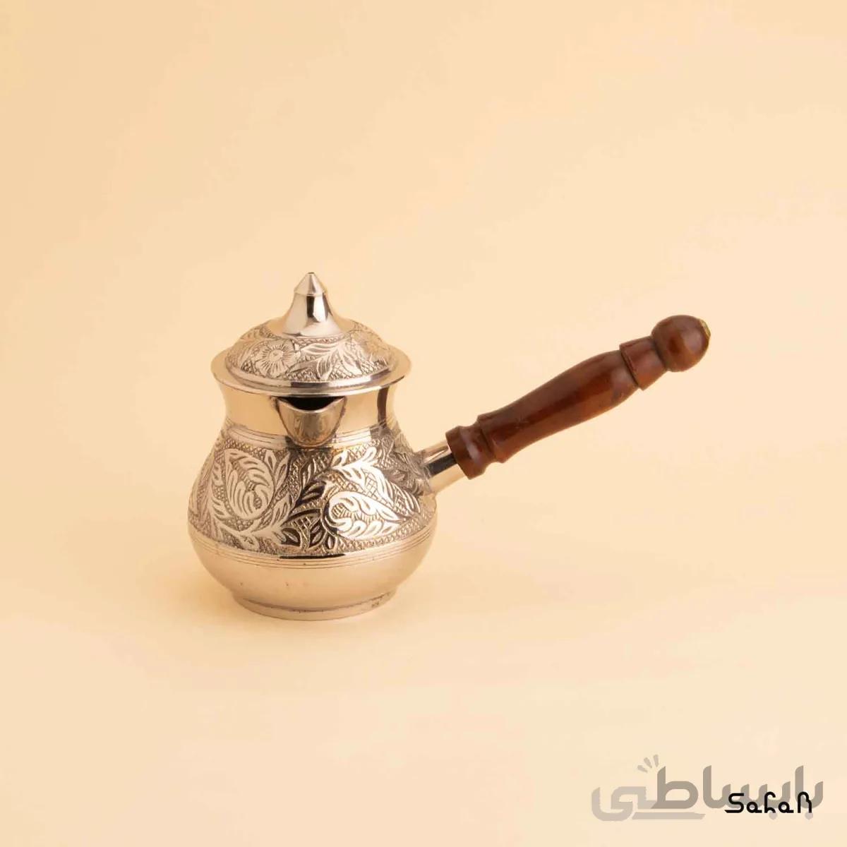قهوه جوش برنجی نقره ای در دار مدل گلی سایز 1