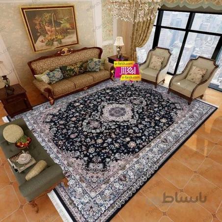فرش ماشینی زمرد مشهد طرح 22001 سورمه ای گل برجسته