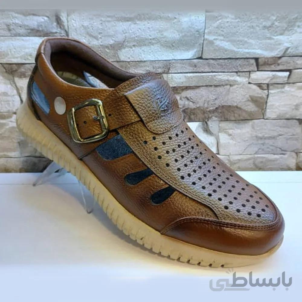 کفش مردانه تابستانی چرم طبیعی مدل میثم عسلی