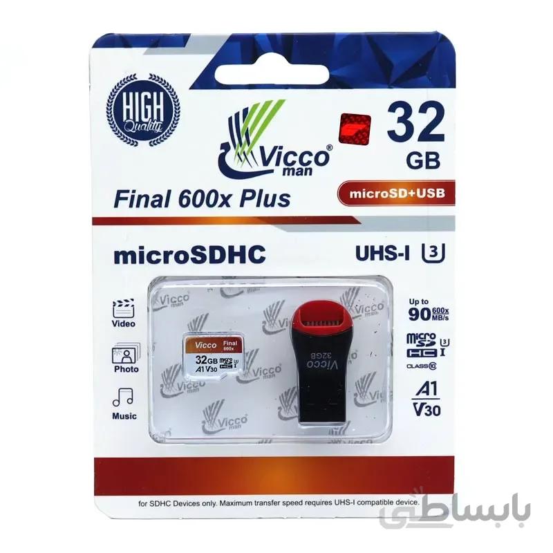 رم میکرو ۳۲ گیگ ویکومن Vicco Man Final 600x Plus A1 V30 U3 C10 90MB/s + رم ریدر