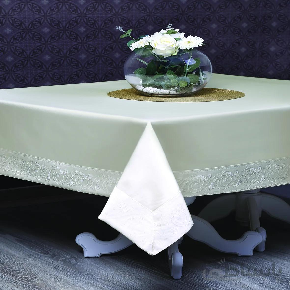 رومیزی حاشیه دار 6 نفره مستطیل 180*150 ترمه کرم