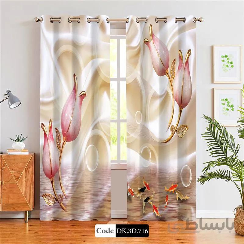 پرده پانچی (هازان و مخمل)کد DK.3D.716 طرح سه بعدی گل های طلایی در آب
