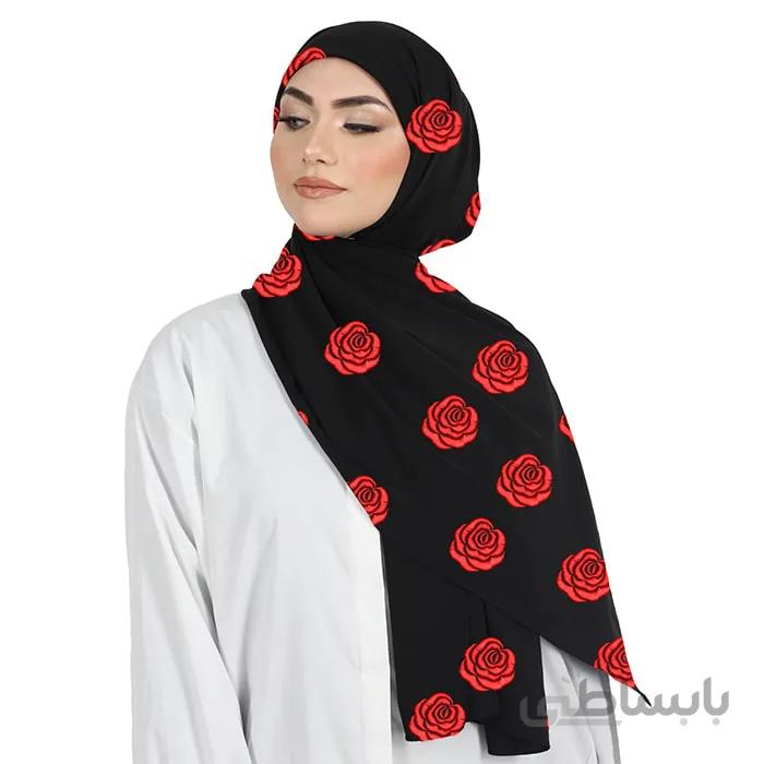 شال حریر مشکی گلدوزی رُز قرمز