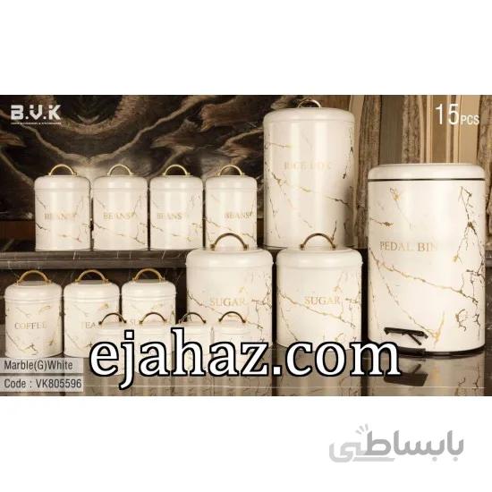 سرویس آشپزخانه 15 پارچه بی وی کی ویراکیش فلزی حبوبات (b.v.k) طرح ماربل سفید طلایی