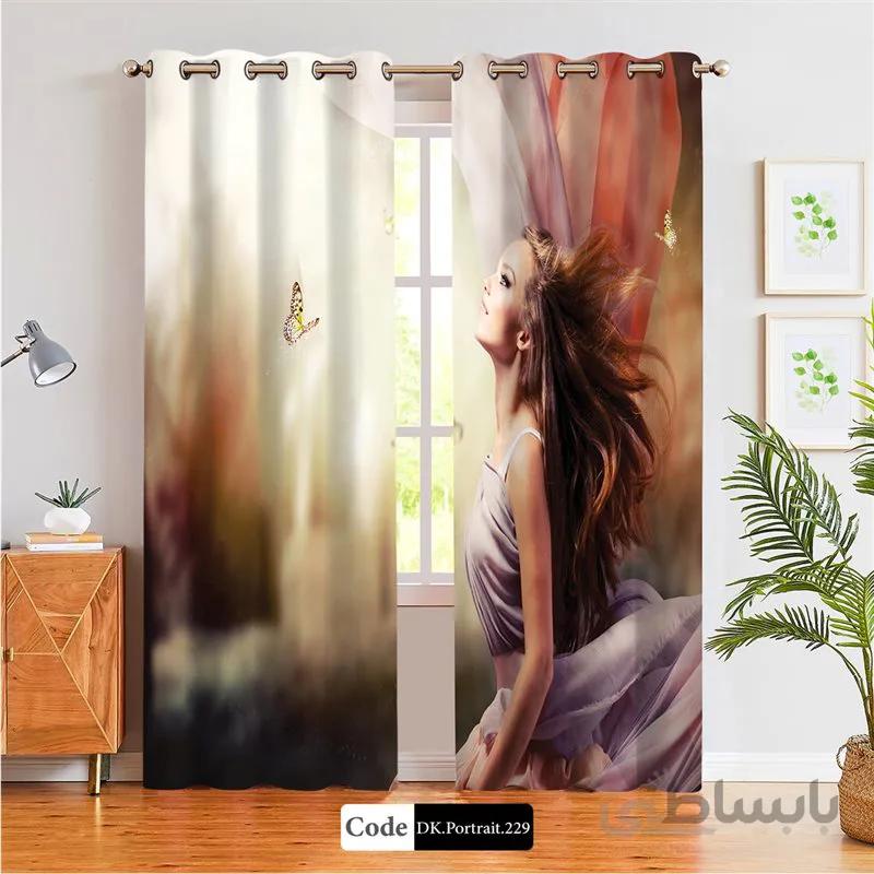 پرده پانچی (هازان و مخمل) کد DK.Portrait.229 طرح چهره زن و پروانه