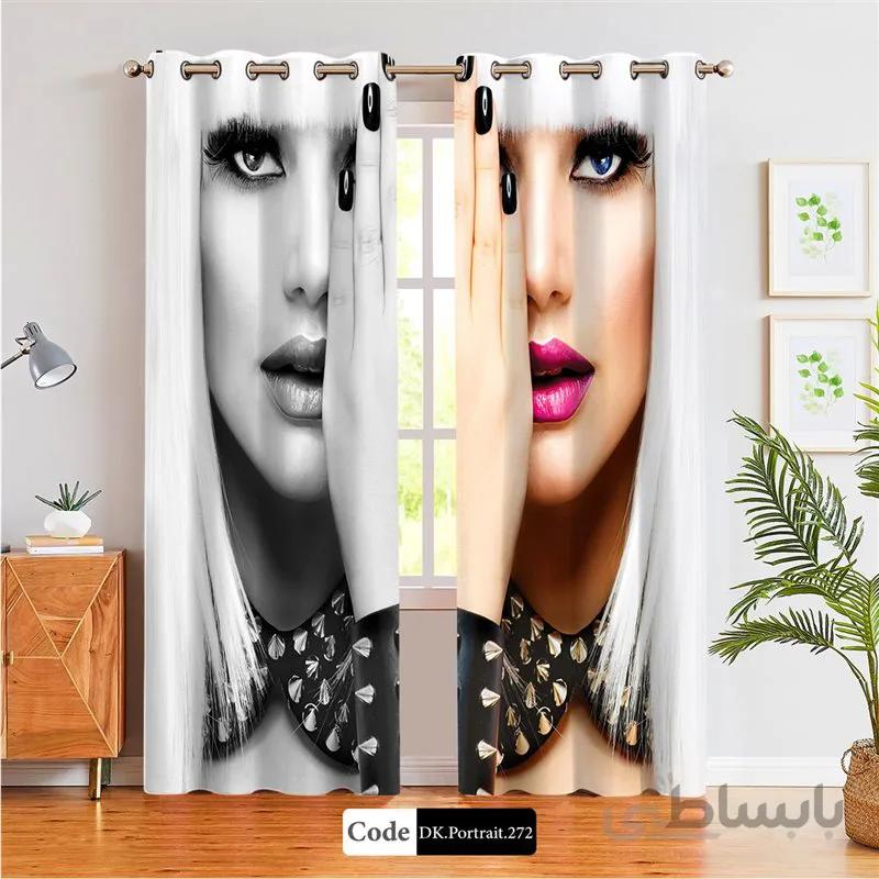 پرده پانچی (هازان و مخمل) کد DK.Portrait.272 طرح چهره زن با موهای چتری