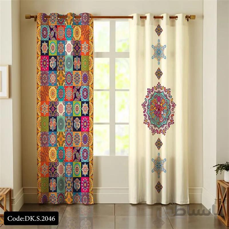 پرده پانچی (هازان و مخمل)کد DK.S.2046 طرح ایرانی و سنتی اسلیمی کاشی های رنگارنگ
