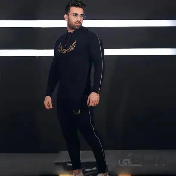 ست مردانه کد 036 هودی و شلوار طرح زیپ دار جنس دورس رنگ مشکی ا Men's set of zippered Dors all-stretch design