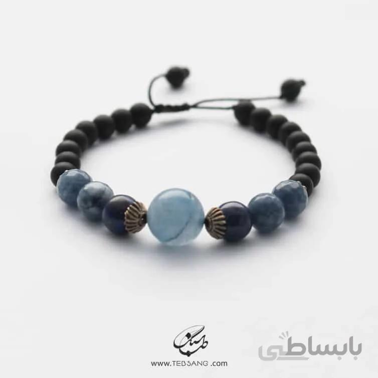 دستبند زنانه سنگ آکوامارین، لاجورد و اُنیکس (عقیق سیاه)