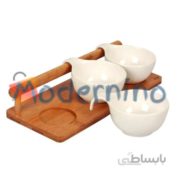 ست پیاله چینی 3 عددی با هولدر بامبو