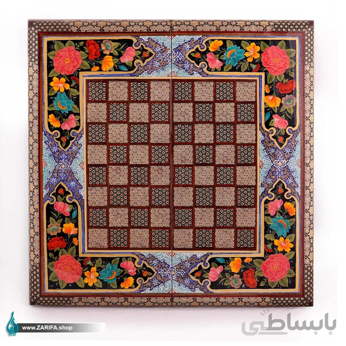 تخته نرد خاتم اعلا با نقاشی گل و مرغ و تذهیب۵۰*۵۰