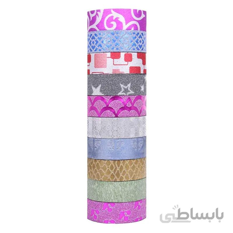 چسب نواری طرح دار فانتزی رنگ جور بسته 10 عددی